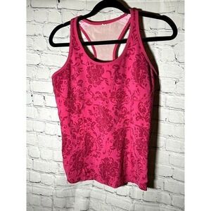 Lucy Womens Pink Damask Floral Racerback Tank Top with Built-in Shelf Bra